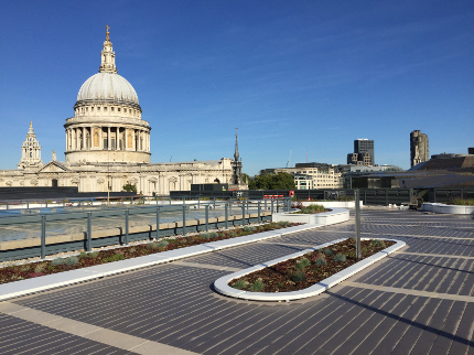 Low planters onlooked by St Paul's Cathedral